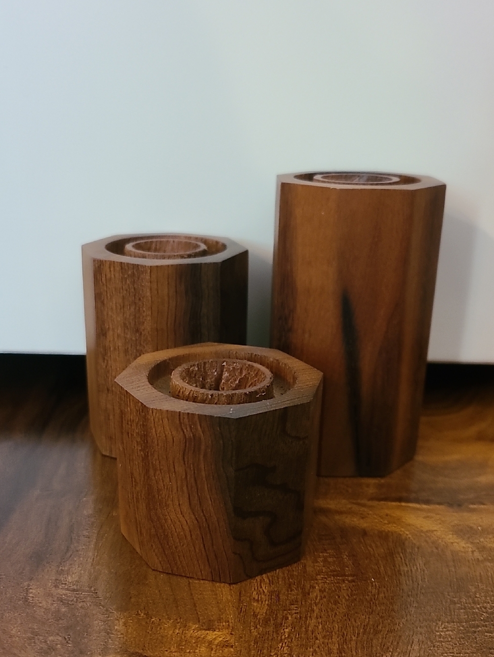 3 Piece Oregon Myrtle Wood Tapper Candle Holders